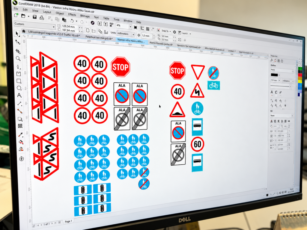 Liiklusmärkide kujundusfail CorelDRAW-s: kiiruspiirangu-, STOP-, parkimiskeelu ala ning jalg- ja jalgrattatee märgid enne tootmist.